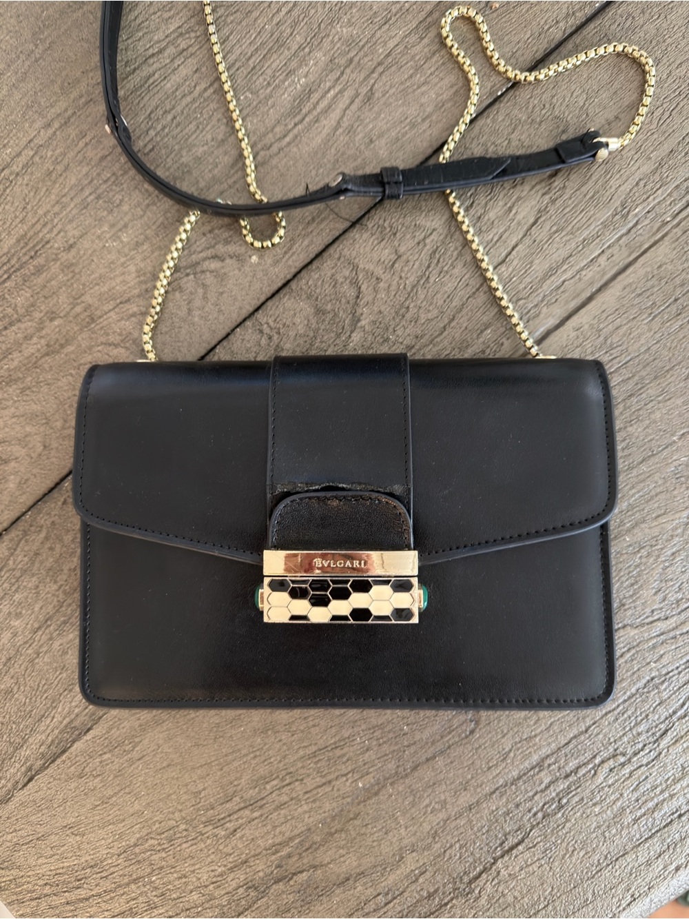 Bulgari Black Leather Crossbody with Gold-Tone Chain